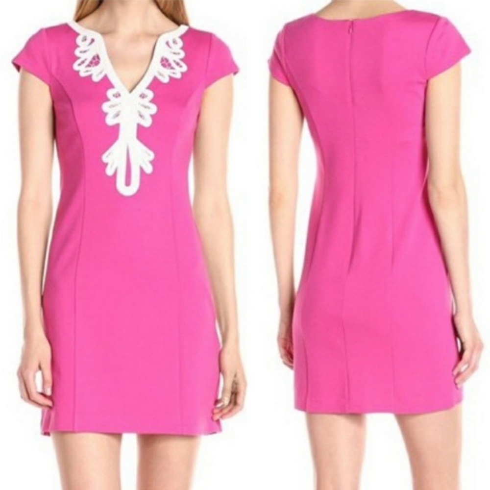 ELIZA J Cap Sleeve Embroidered Passementerie Split Neck Sheath Dress Barbiecore
